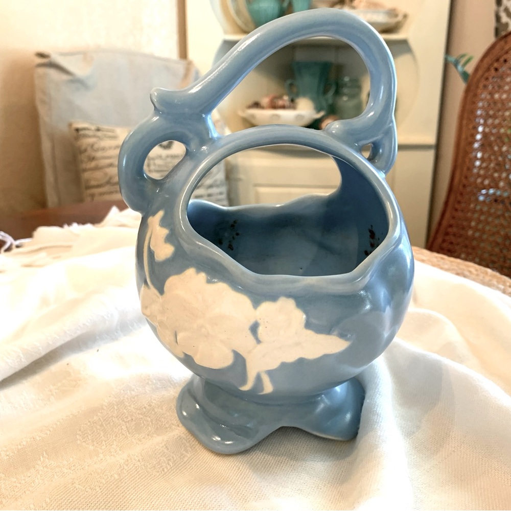 Vintage Weller Pottery Blue Glazed Basket Vase Made in USA